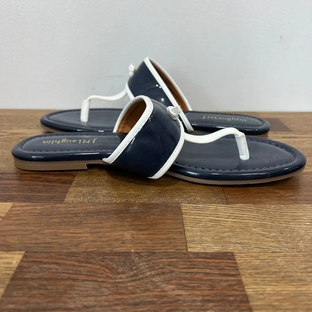 J Mclaughlin Leslie Sandal 8.5 Navy‎ Patent Leather Thong Summer Nautical Strap